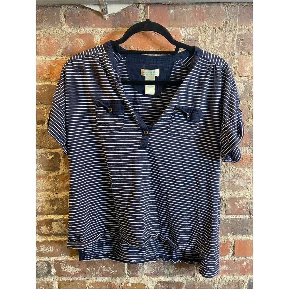 Caribbean Joe Navy Blue/White Stripe Short Drop Sleeve T-Shirt Ladies Size L